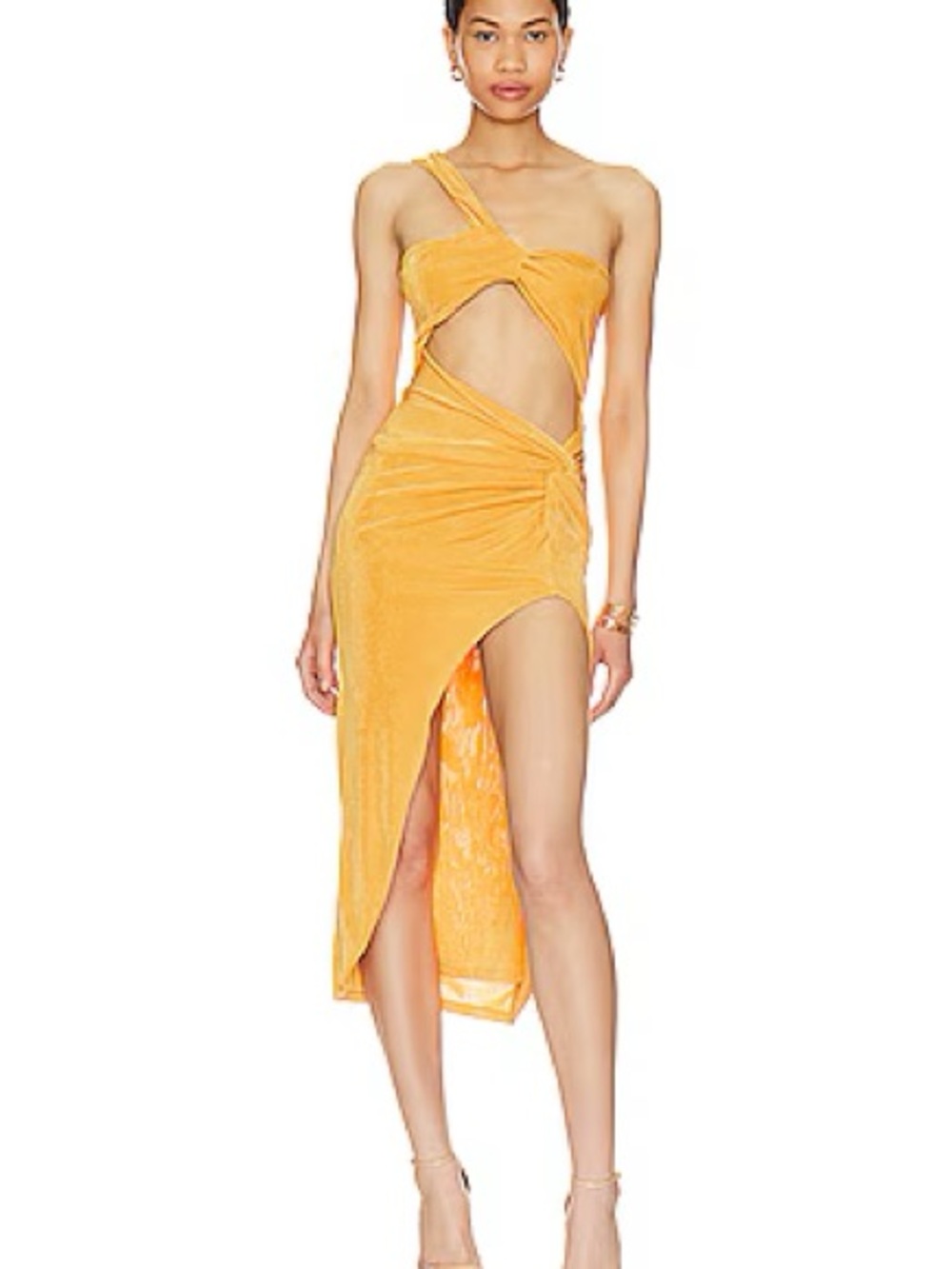 superdown Daria One-Shoulder Asymmetrical Cutout Maxi Dress in Tangerine